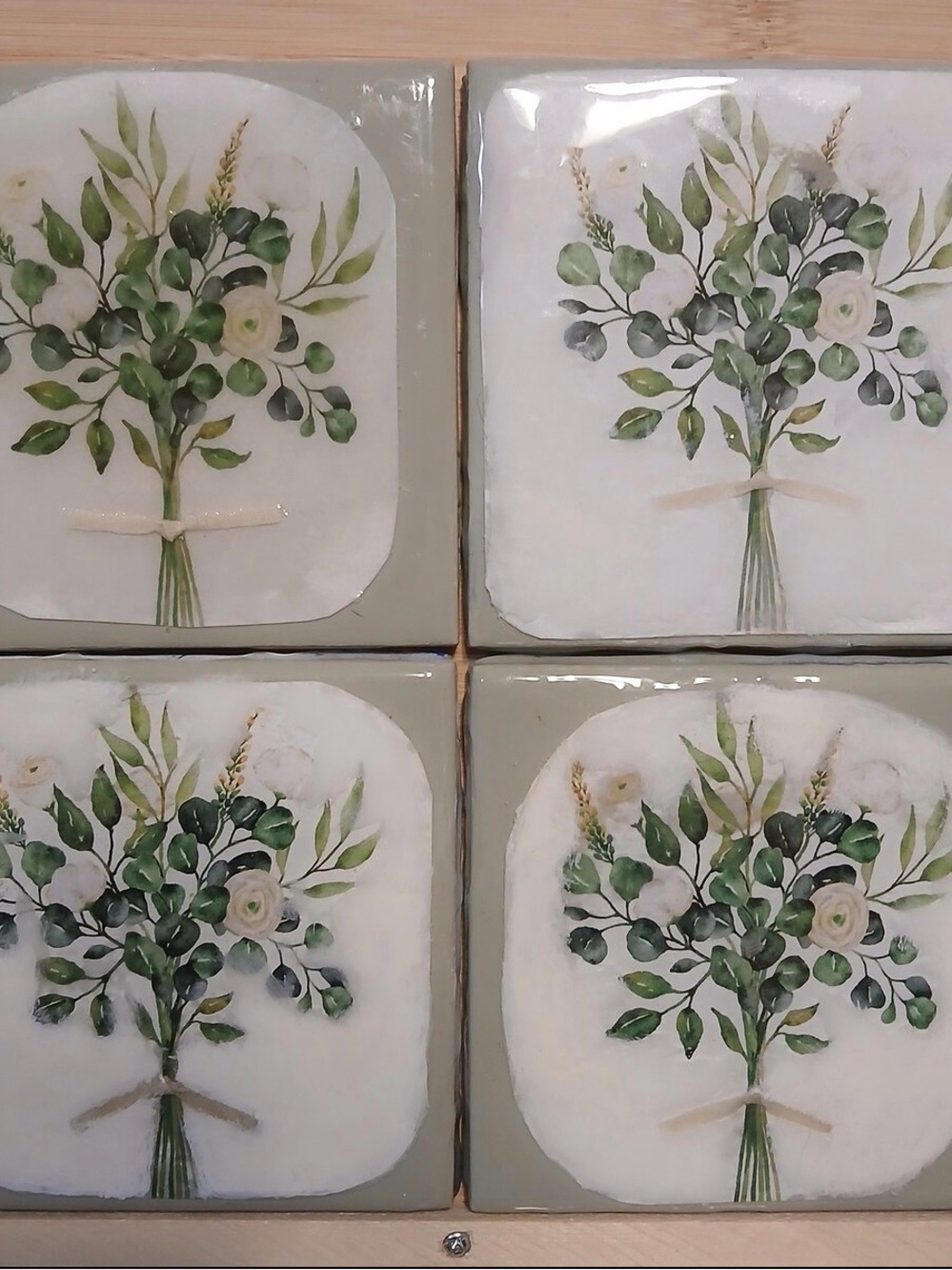 Set of 4 Botanical Floral Coasters in Green and White